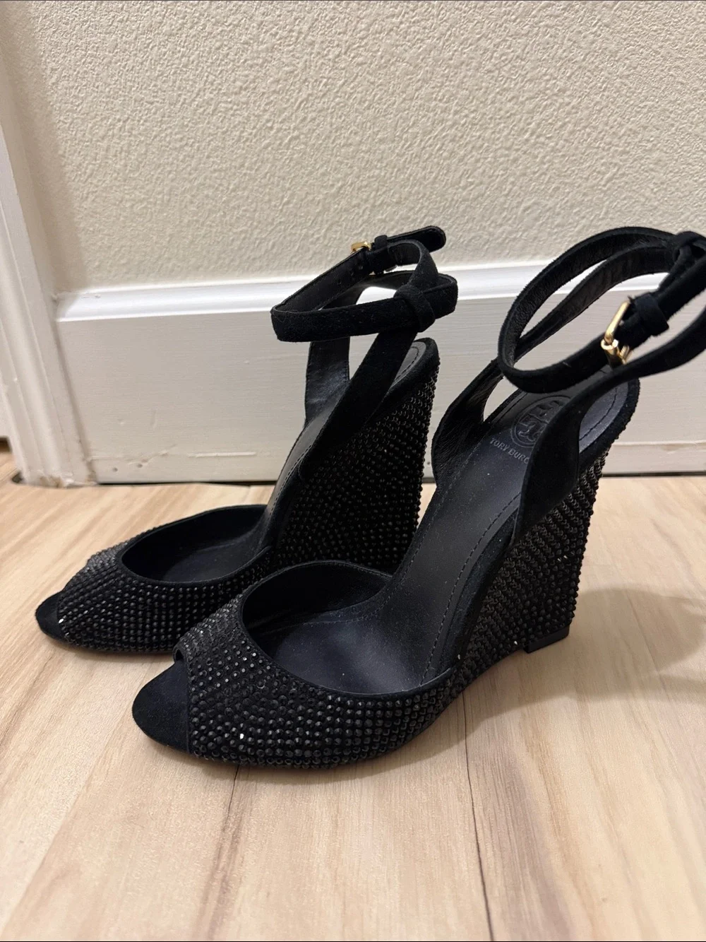 Tory Burch Black Crystal-Studded Wedge Sandals with Ankle Strap